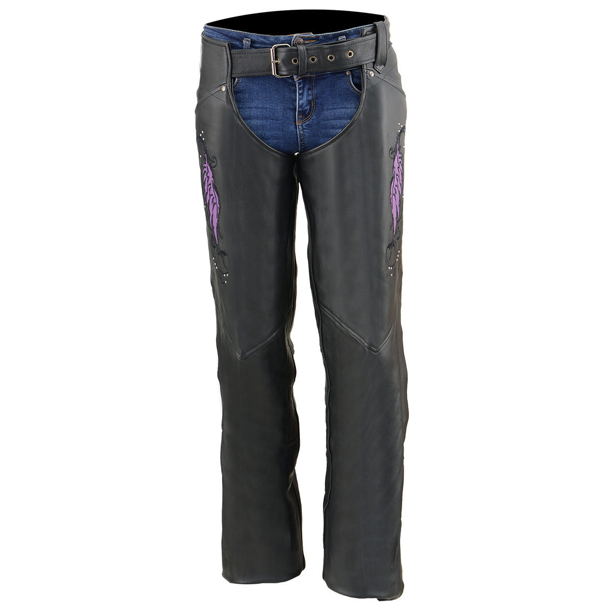 Milwaukee Leather Chaps for Women Black Naked Skin- Classic Black and Purple Wing Embroidery Motorcycle Chap ML1179