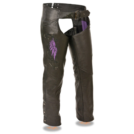 Milwaukee Leather Women's Classic Black Premium Leather Motorcycle Chaps w/ Purple Wing Embroidery-ML1179