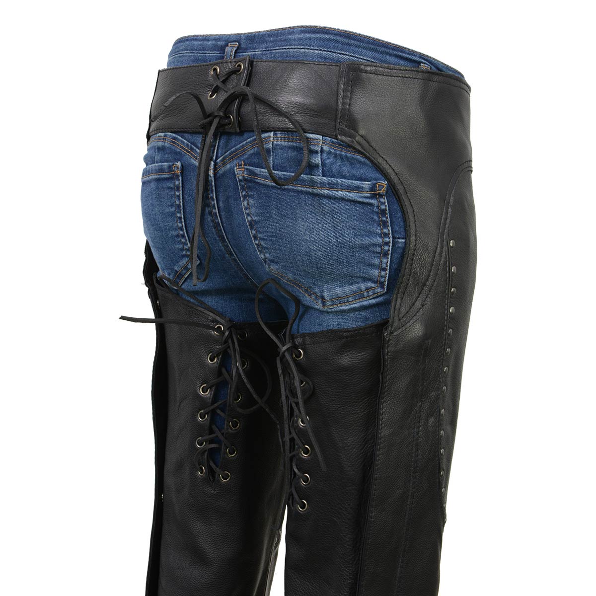 Milwaukee Leather ML1186 Women’s Black Low Rise Double Buckle Leather Chaps with Rivet Detailing