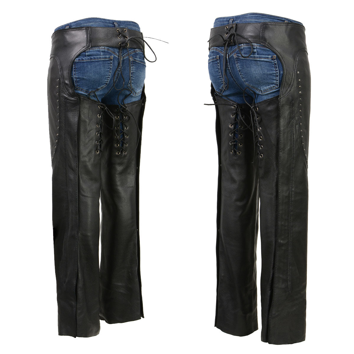 Milwaukee Leather ML1186 Women’s Black Low Rise Double Buckle Leather Chaps with Rivet Detailing