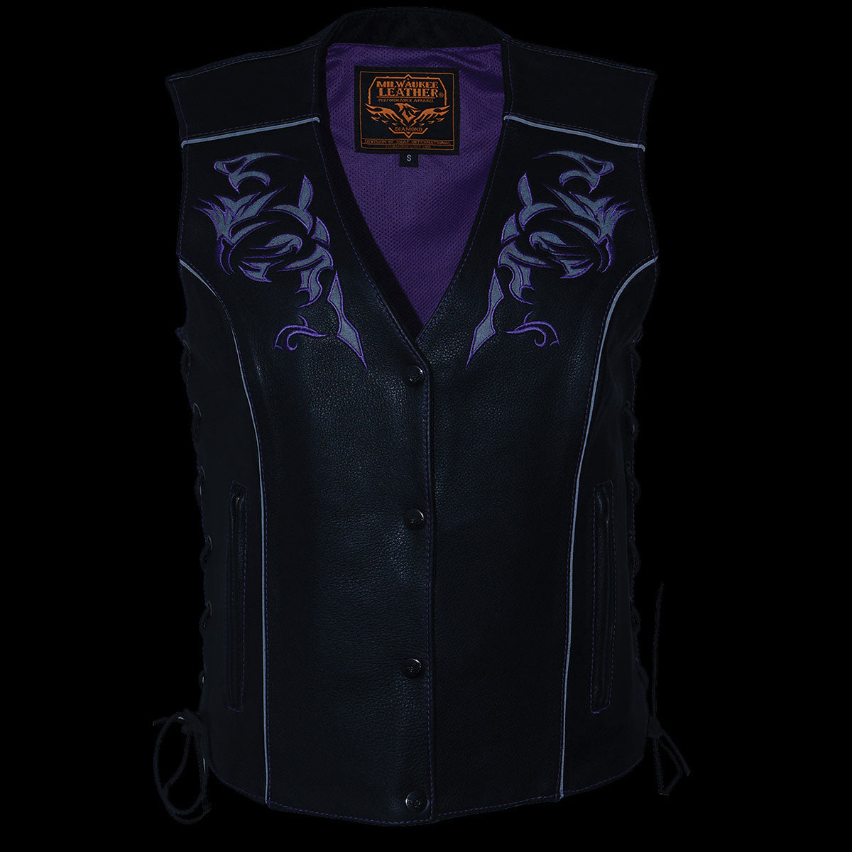 Milwaukee Leather ML1296 Women's Black Leather Side Lace Motorcycle Rider Vest- Reflective Piping and Purple Skulls