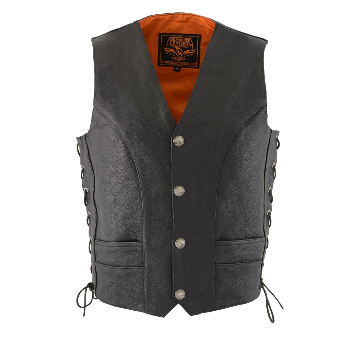 Milwaukee Leather ML1369 Men's Black Premium Leather Side Lace Motorcycle Rider Vest w/ Buffalo Nickel Snaps Closure