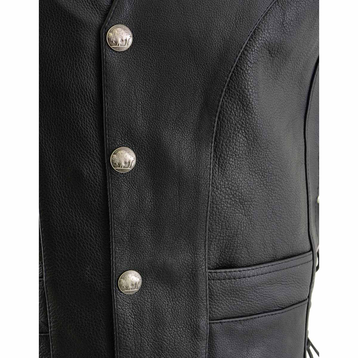 Milwaukee Leather ML1369 Men's Black Naked Leather Side Lace Motorcycle Rider Vest w/ Buffalo Nickel Snaps Closure