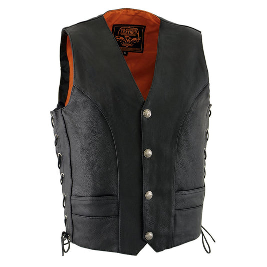 Milwaukee Leather ML1369 Men's Black Naked Leather Side Lace Motorcycle Rider Vest w/ Buffalo Nickel Snaps Closure