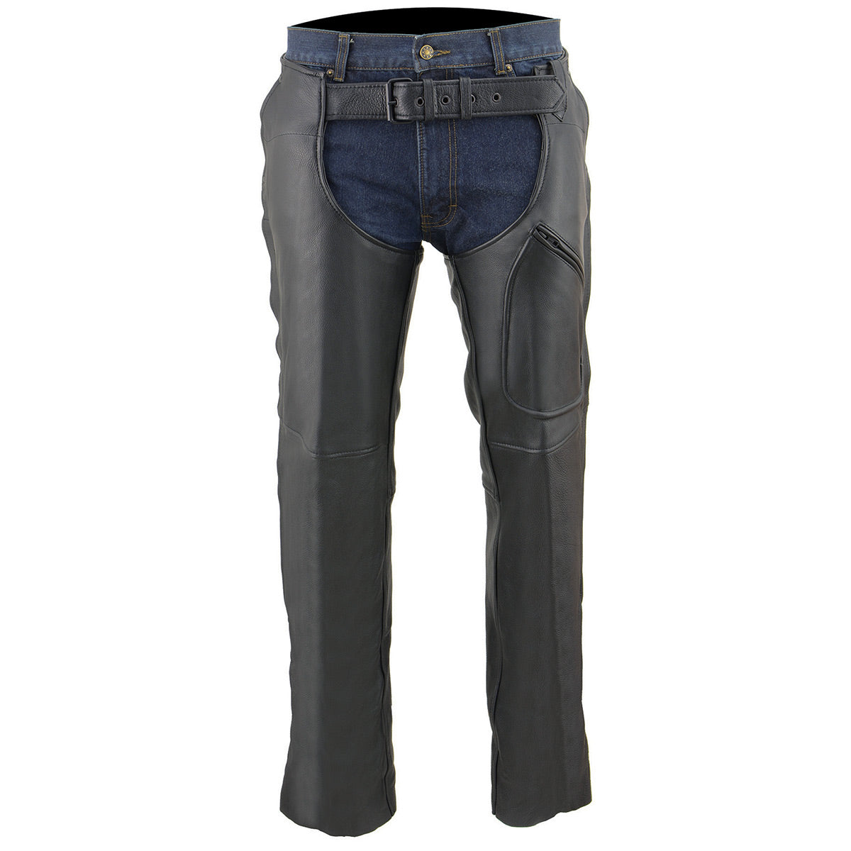 Milwaukee Leather ML1766 Men's Black 3-Pocket Leather Motorcycle Chaps with Thigh Patch Pocket