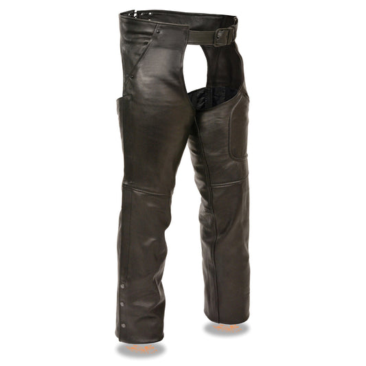 Milwaukee Leather Men's Black Premium Leather Motorcycle Rider Chaps w/ Front 3-Pockets - Thigh Patch Pocket-ML1766