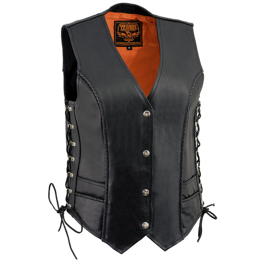 Milwaukee Leather ML2042 Women's Black Thin Braid Naked Leather Side Lace Motorcycle Rider Vest- Front Snap Closure