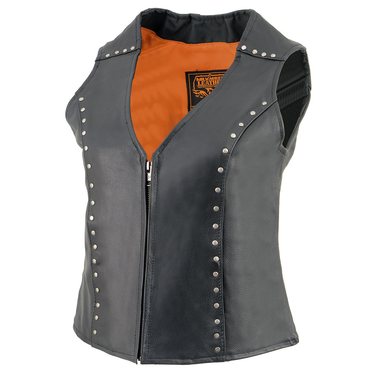 Milwaukee Leather ML2078 Women's Black Naked Leather Motorcycle Rider Vest- Studding Detail with Front Zip Closure