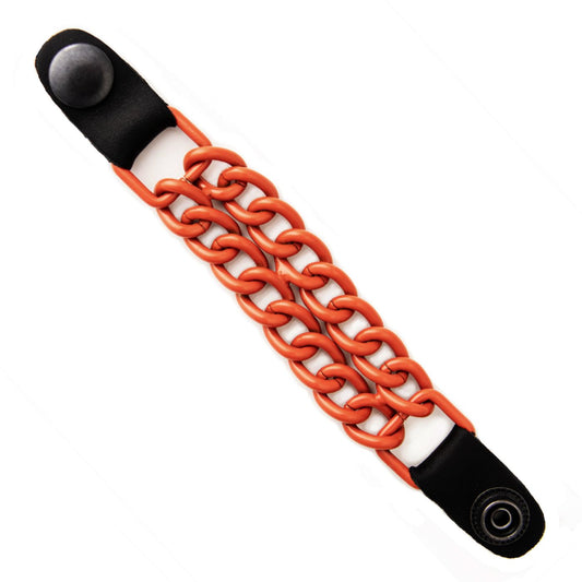 Vest extender Orange braided metal strap with black ends on a white background