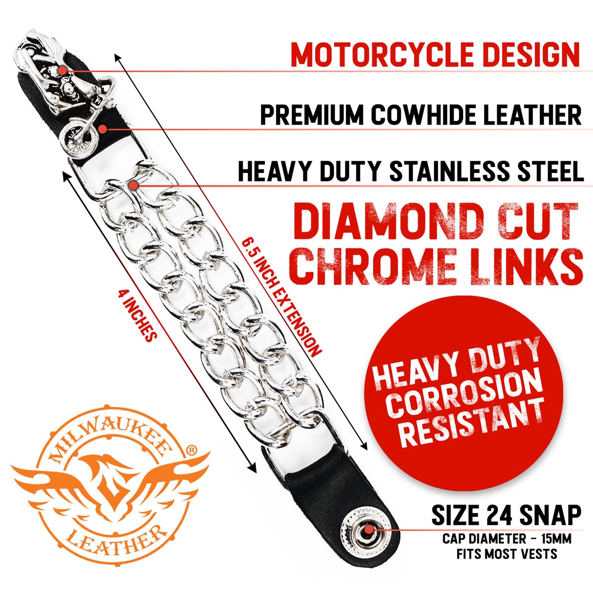 Milwaukee Leather Motorcycle Medallion Vest Extender - Double Chrome Chains Genuine Leather 6.5" Extension MLA1006-Single