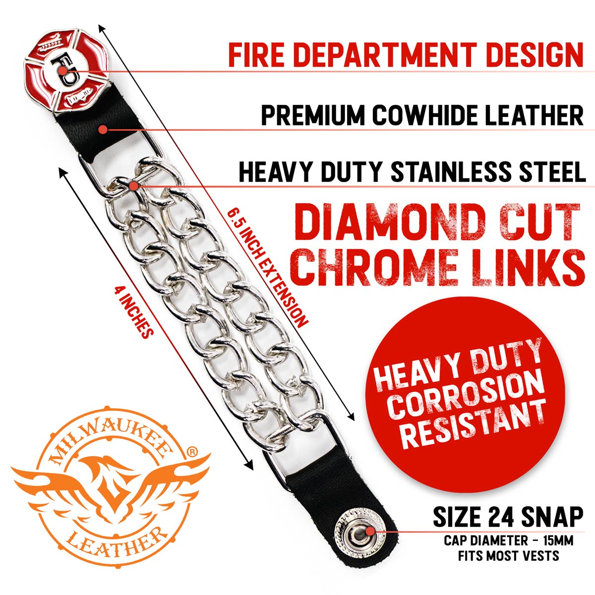 Milwaukee Leather Fire Department Medallion Vest Extender - Double Chrome Chains Genuine Leather 6.5" Extension 4-PCS MLA6012SET