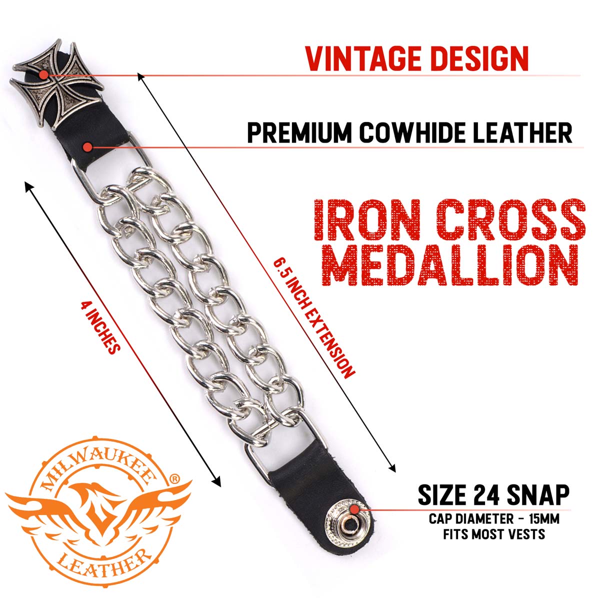 Milwaukee Leather MLA1020-Single Iron Cross Vest Extender Double Chrome Chains w/ Genuine Leather 4" Extension