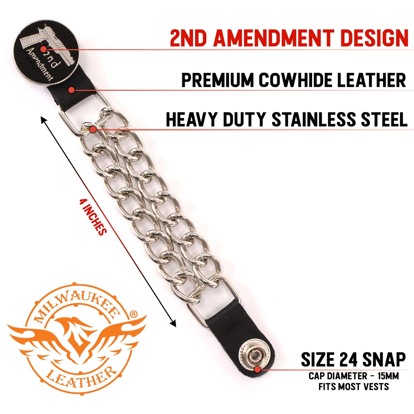 Milwaukee Leather 2nd Amendment Medallion Vest Extender - Double Chrome Chains Genuine Leather 6.5" Extension MLA1027-Single