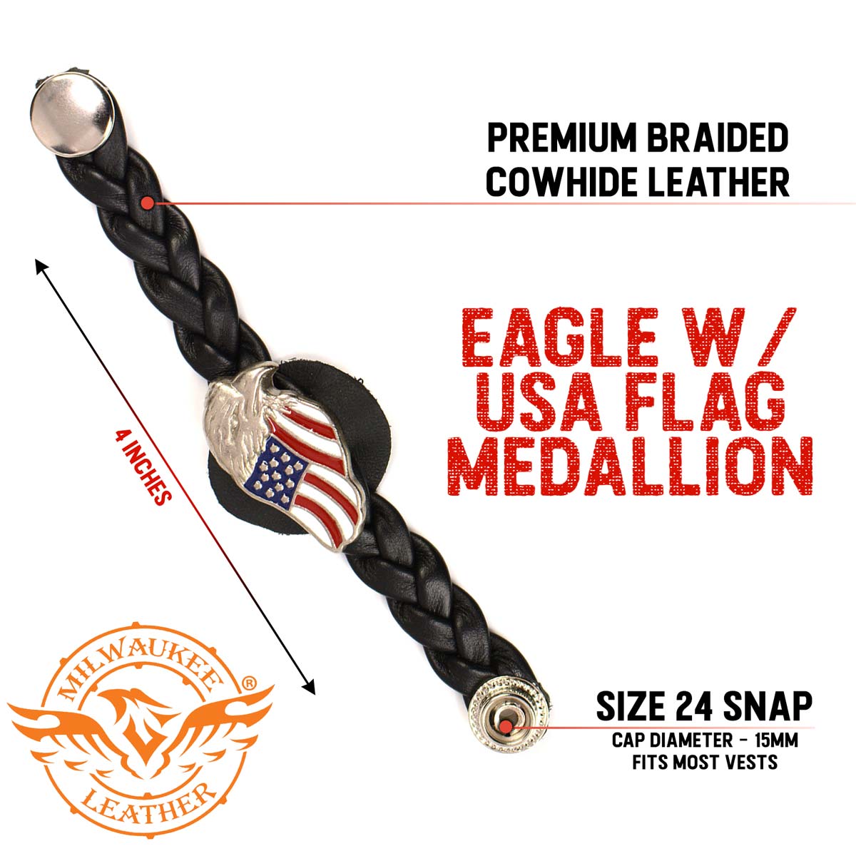 Milwaukee Leather MLA1062-Single Eagle USA Flag Vest Extender Double Chrome Chains w/ Genuine Braided Leather 4" Extension