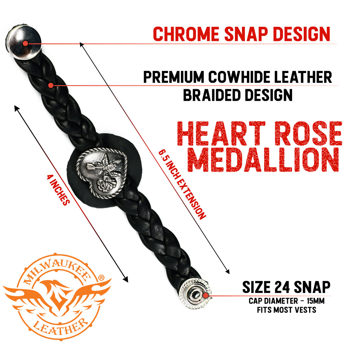 Milwaukee Leather Heart Medallion Vest Extender Genuine Leather Braided Strap 6.5" Extension MLA1067-Single