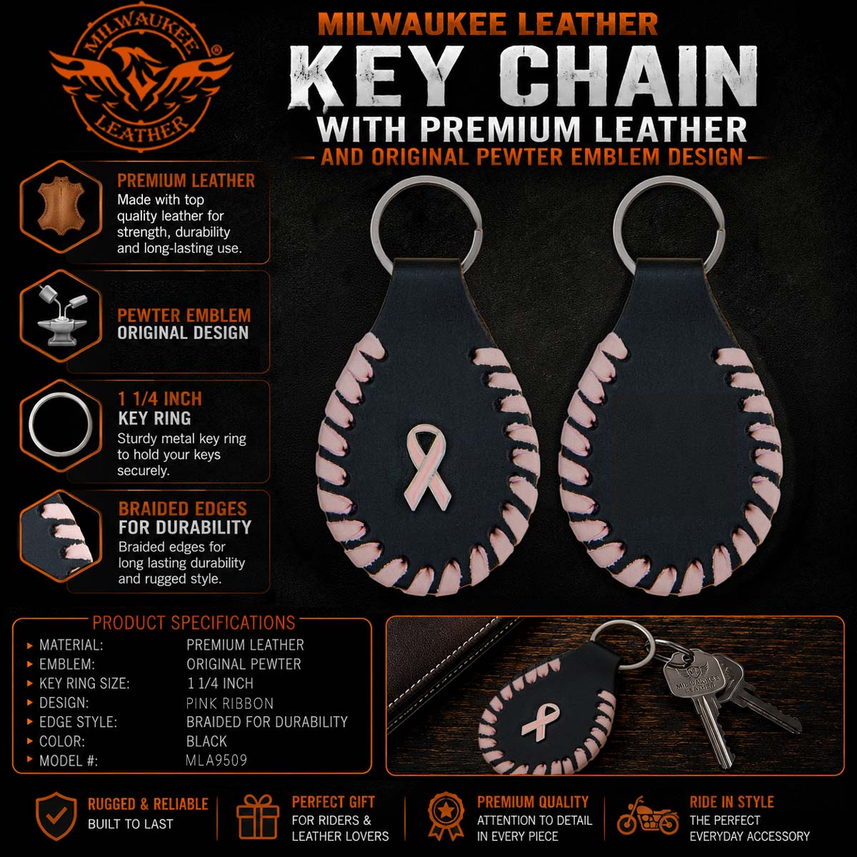 Milwaukee Leather Pink Ribbon Pewter Emblem Key Chain - MLA9509