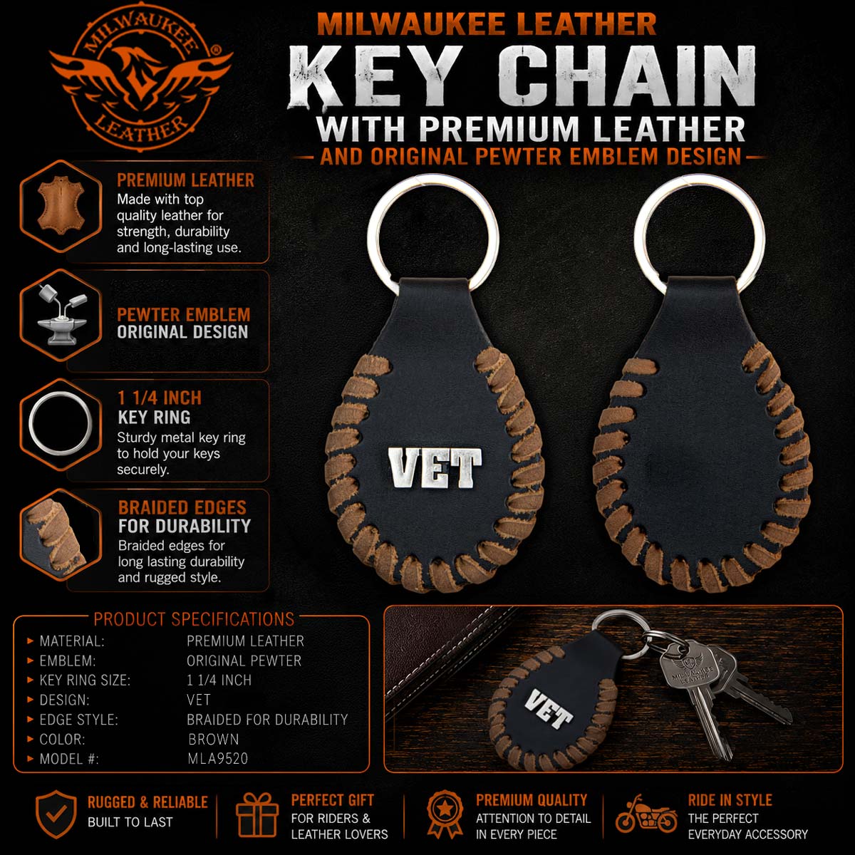 Milwaukee Leather Black and Brown VET Pewter Emblem Key Chain - MLA9520