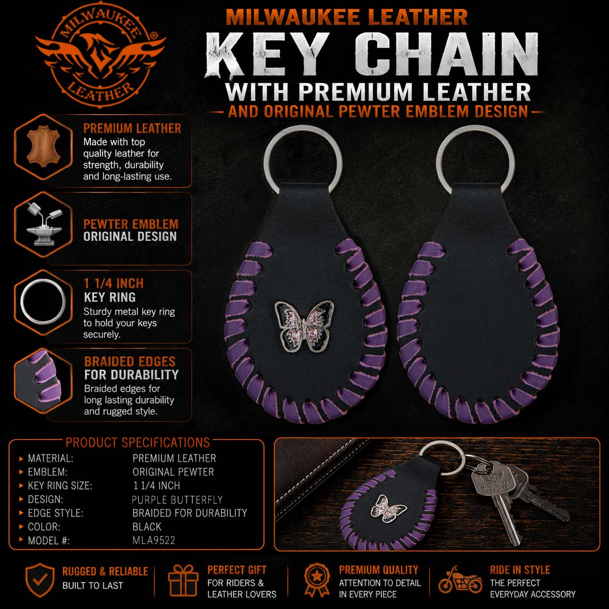 Milwaukee Leather Black and Purple Butterfly Pewter Emblem Key Chain - MLA9522