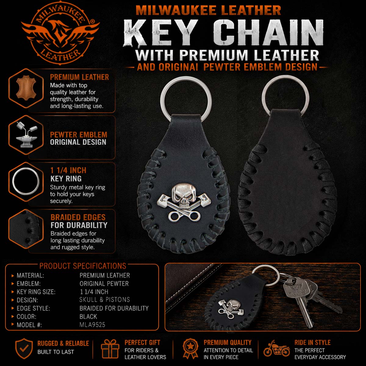 Milwaukee Leather Skull and Pistons Pewter Emblem Key Chain - MLA9525