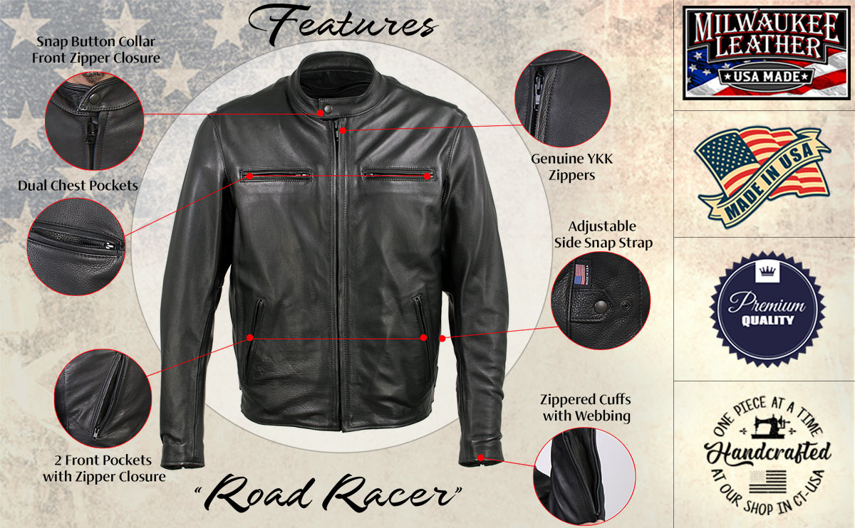 Milwaukee Leather USA MADE MLJKM5001 Men's Black 'Road Racer' Premium Leather Motorcycle Jacket