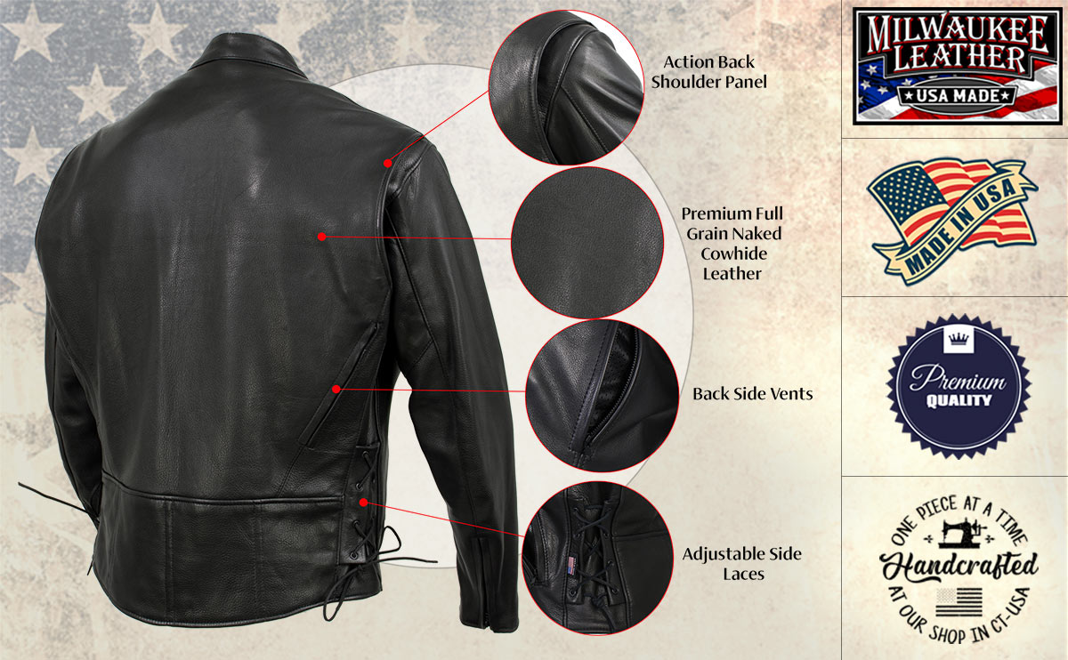 Milwaukee Leather USA MADE MLJKM5002 Men's Black 'Air Stream' Vented Premium Leather Motorcycle Jacket with Side Laces