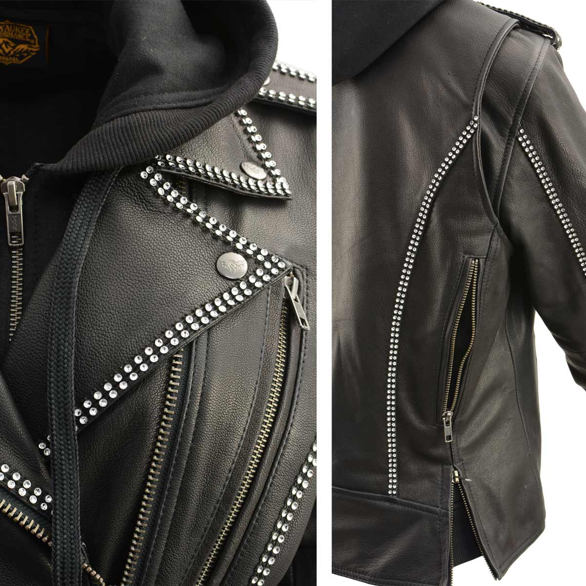 black leather backpack zippers like moto jacket Milwaukee Leather MLL2503 Women's Black 'Bedazzled' Leather Moto Jacket with Hoodie