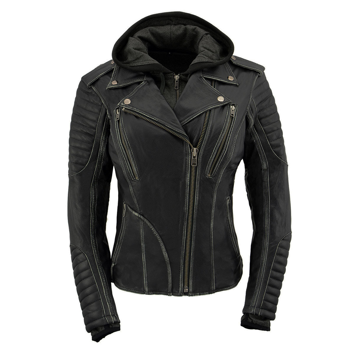 Milwaukee Leather MLL2516 Black Leather Rub-Off Leather Jacket with Hoodie for Women