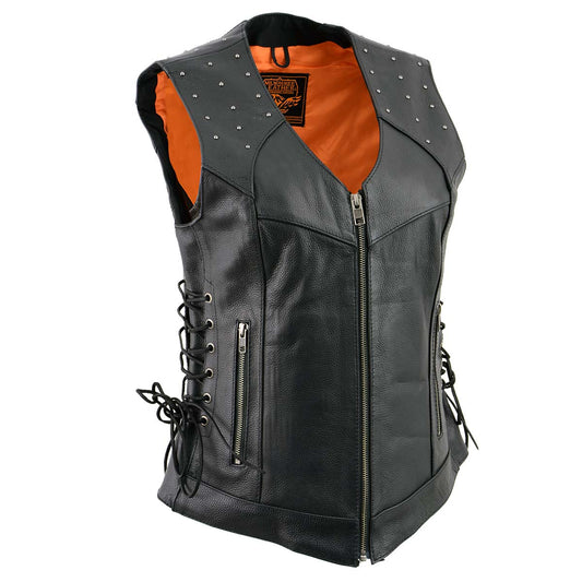 Milwaukee Leather MLL4504 Women's Classic Black Leather V-Neck Riveted Motorcycle Rider Vest with Side Lace