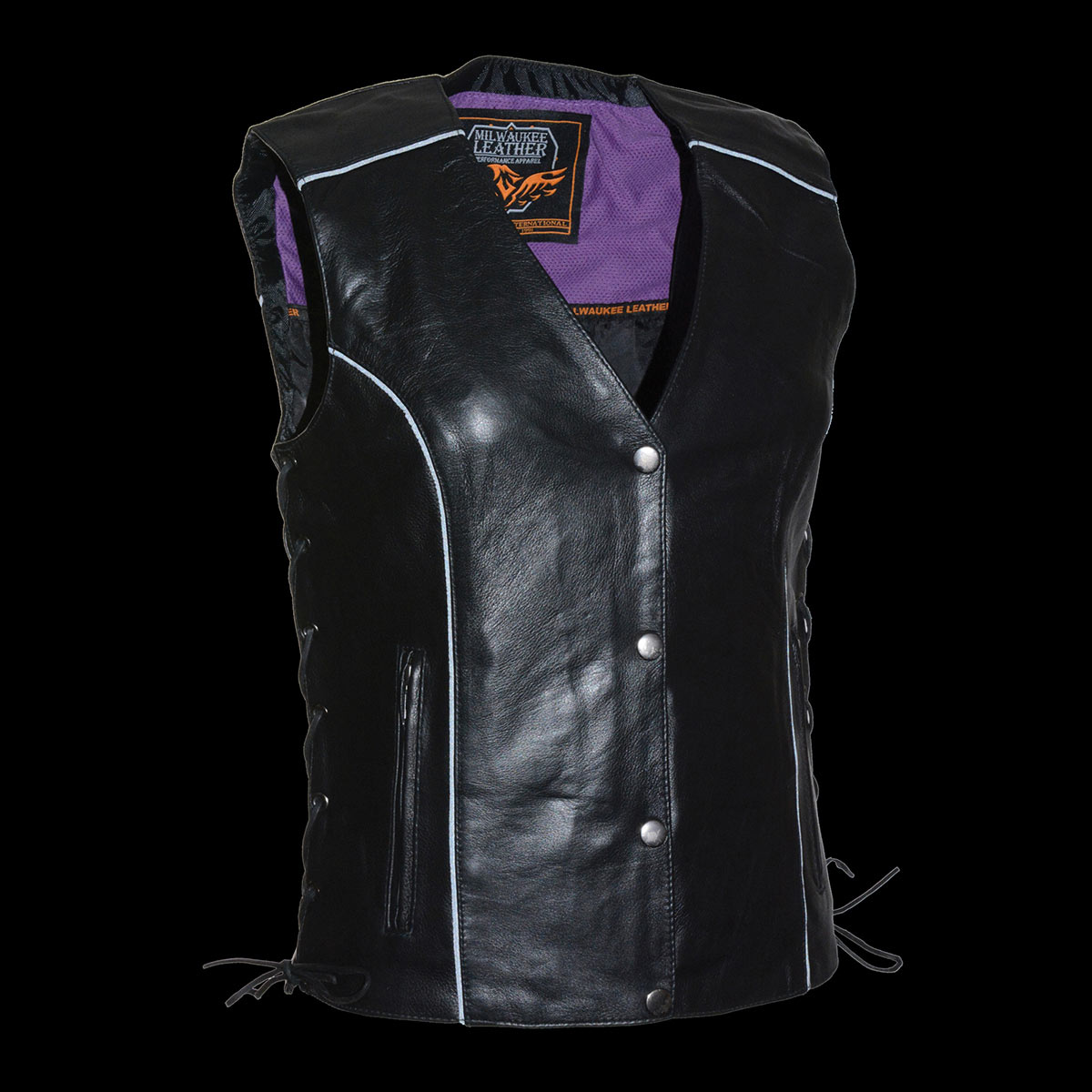 Milwaukee Leather MLL4505 Women's Black Leather Side Lace Motorcycle Rider Vest-Reflective and Studded Purple Wings