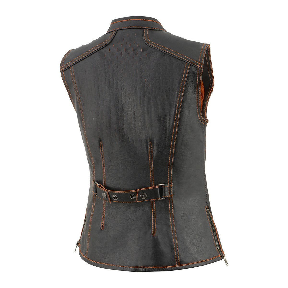 Milwaukee Leather MLL4507 Women's Black Leather Orange Accented Laser Cut Vented Scuba Style Motorcycle Rider Vest