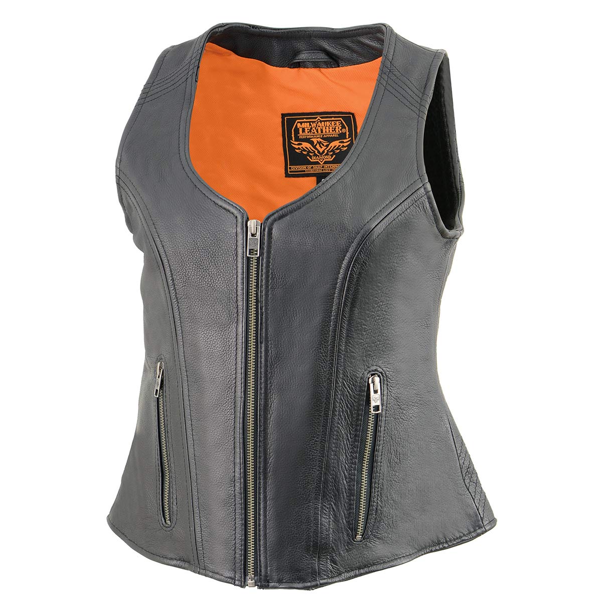 Milwaukee Leather MLL4530 Women's Open Neck Front Zipper Black Leather Vest