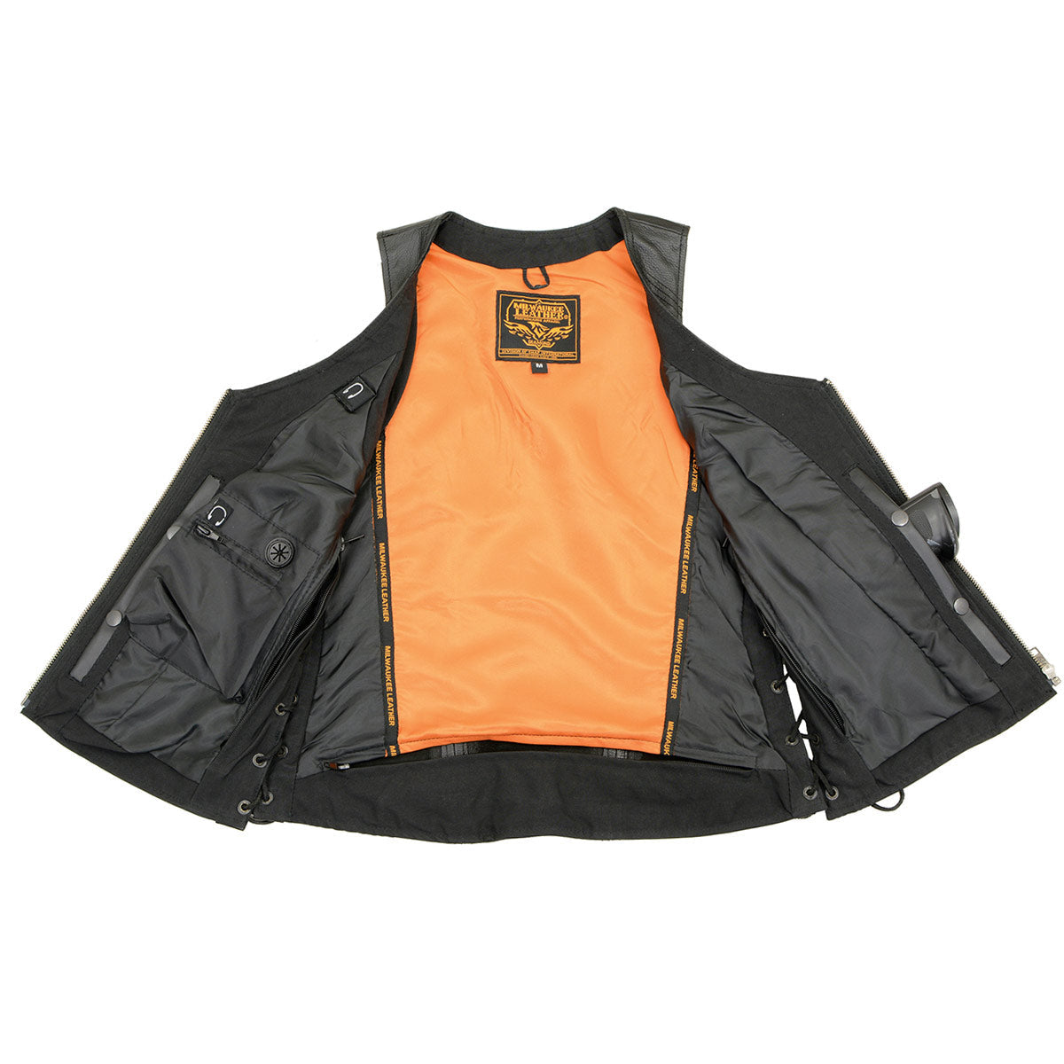 Milwaukee Leather MLL4531 Women's Black Leather Open V-Neck Side Lace Stitching Detail Motorcycle Rider Vest