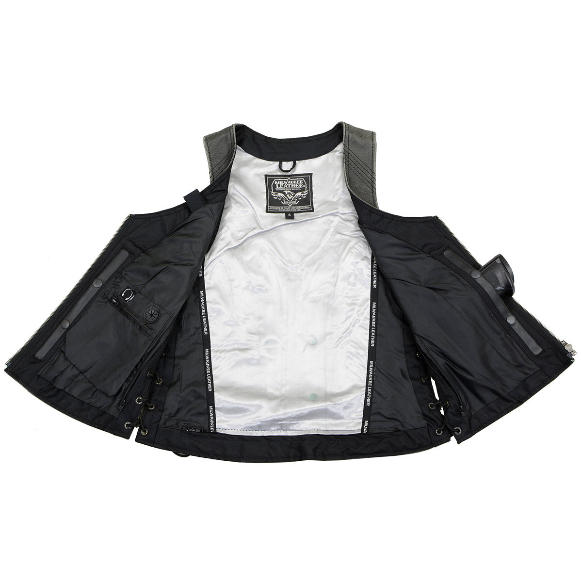 Milwaukee Leather MLL4531 Women's V-Neck Distress Grey Premium Leather Motorcycle Rider Vest w/ Side Laces