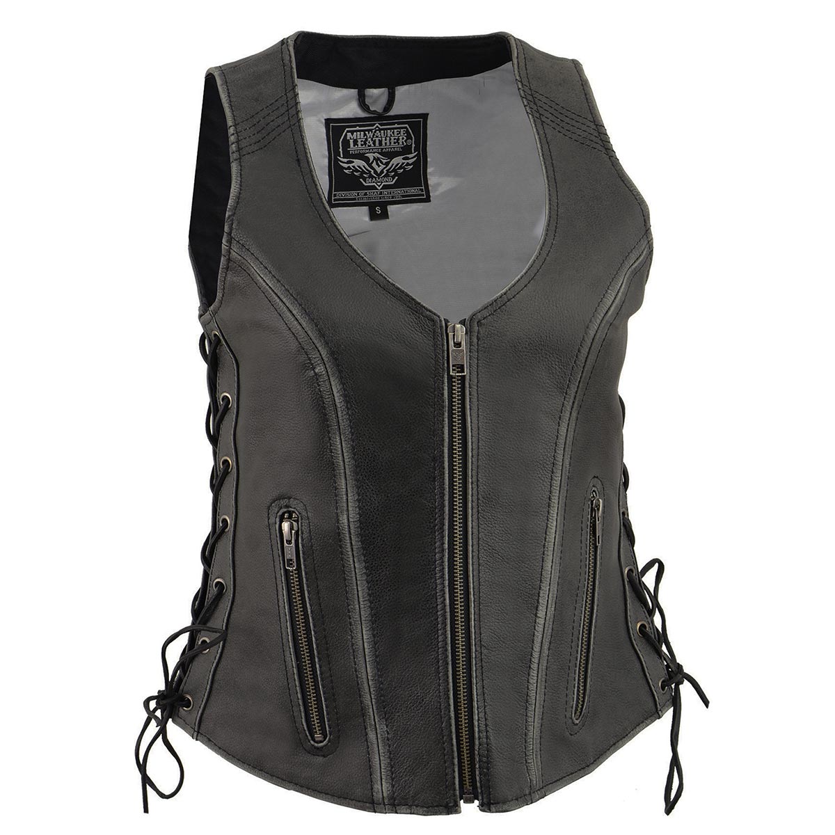 Milwaukee Leather MLL4531 Women's V-Neck Distress Grey Premium Leather Motorcycle Rider Vest w/ Side Laces