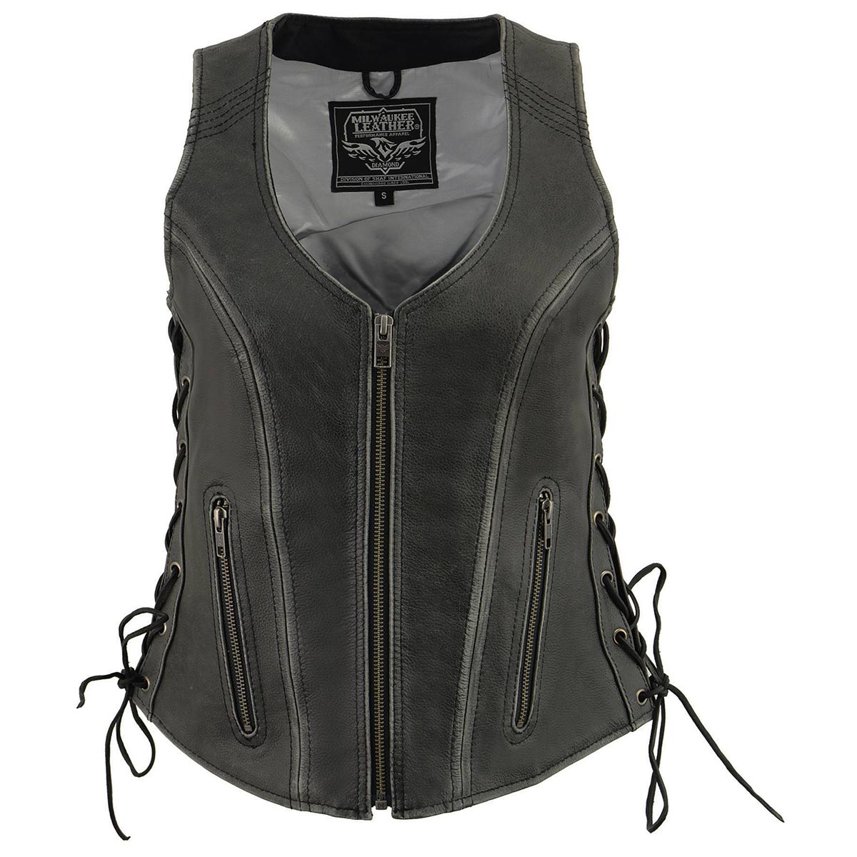 Milwaukee Leather MLL4531 Women's V-Neck Distress Grey Premium Leather Motorcycle Rider Vest w/ Side Laces