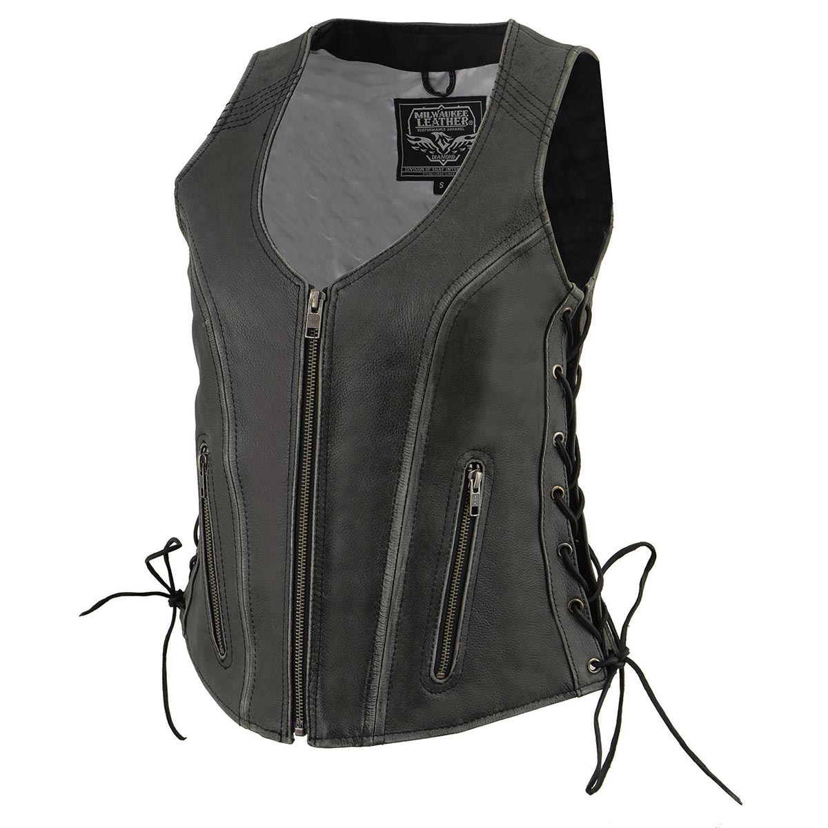 Milwaukee Leather MLL4531 Women's V-Neck Distress Grey Premium Leather Motorcycle Rider Vest w/ Side Laces