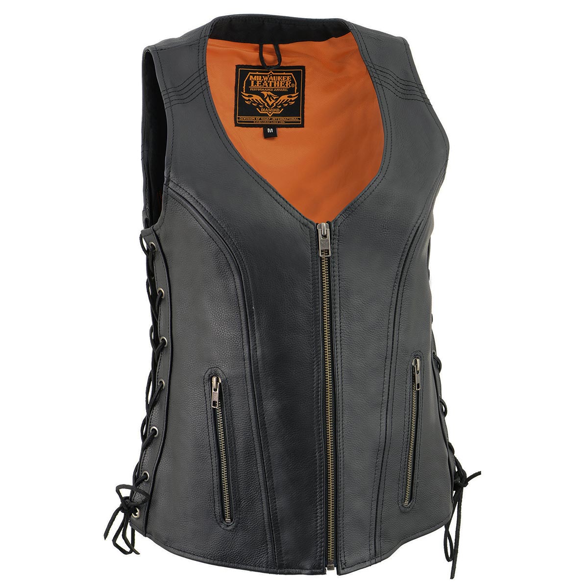 Milwaukee Leather MLL4531 Women's Black Leather Open V-Neck Side Lace Stitching Detail Motorcycle Rider Vest