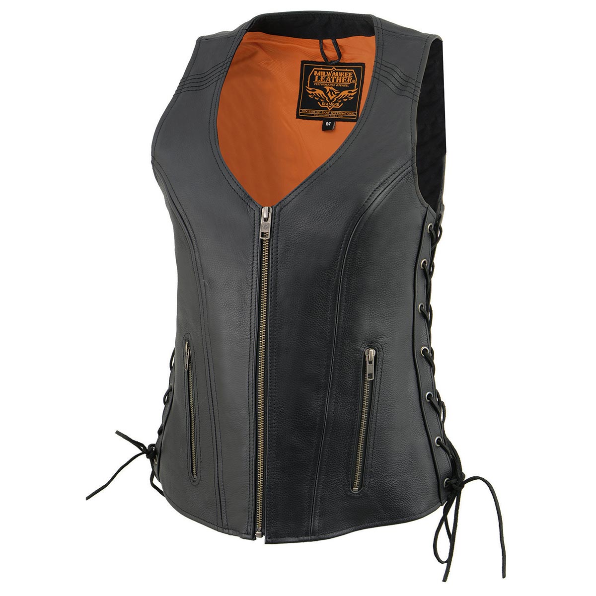 Milwaukee Leather MLL4531 Women's Black Leather Open V-Neck Side Lace Stitching Detail Motorcycle Rider Vest