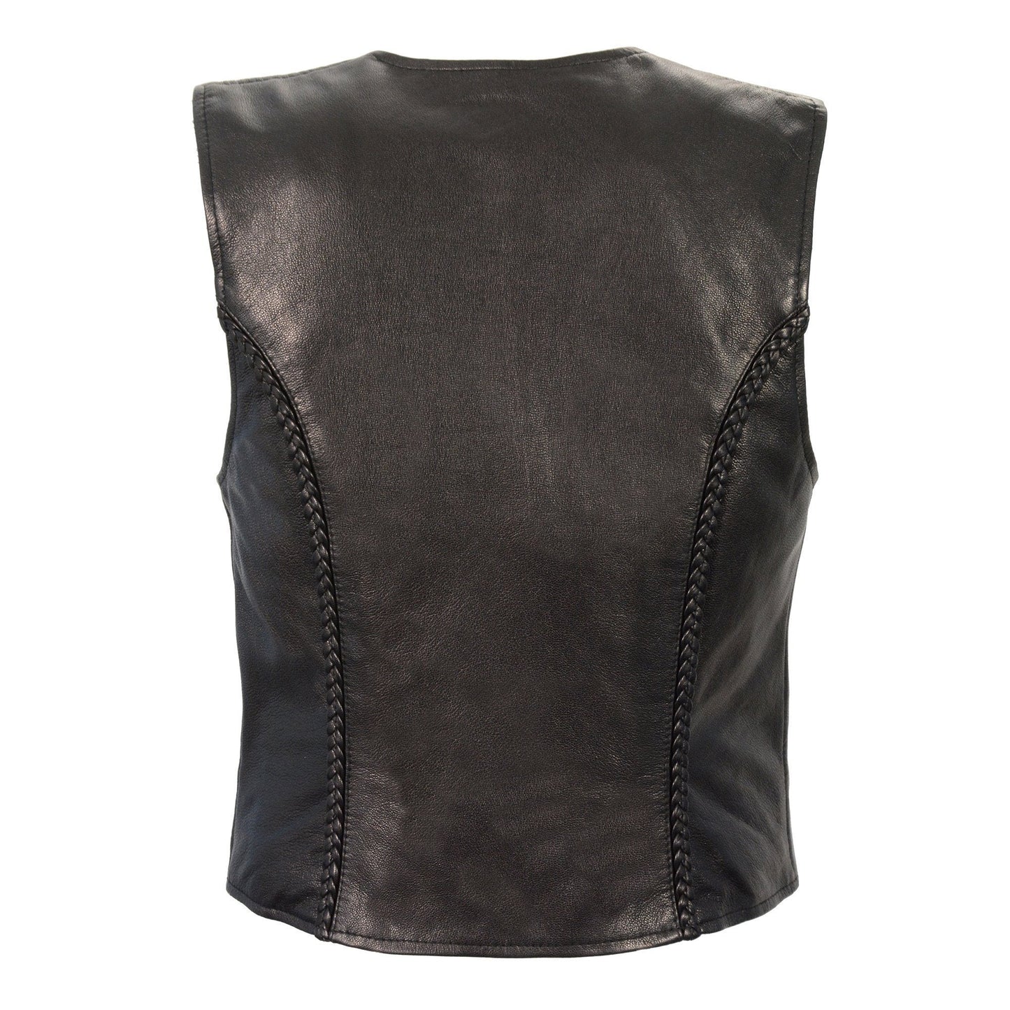 Milwaukee Leather MLL4550 Women's Black Premium Leather Classic Braided Deep V-Neck Motorcycle Rider Vest W/Front Zip