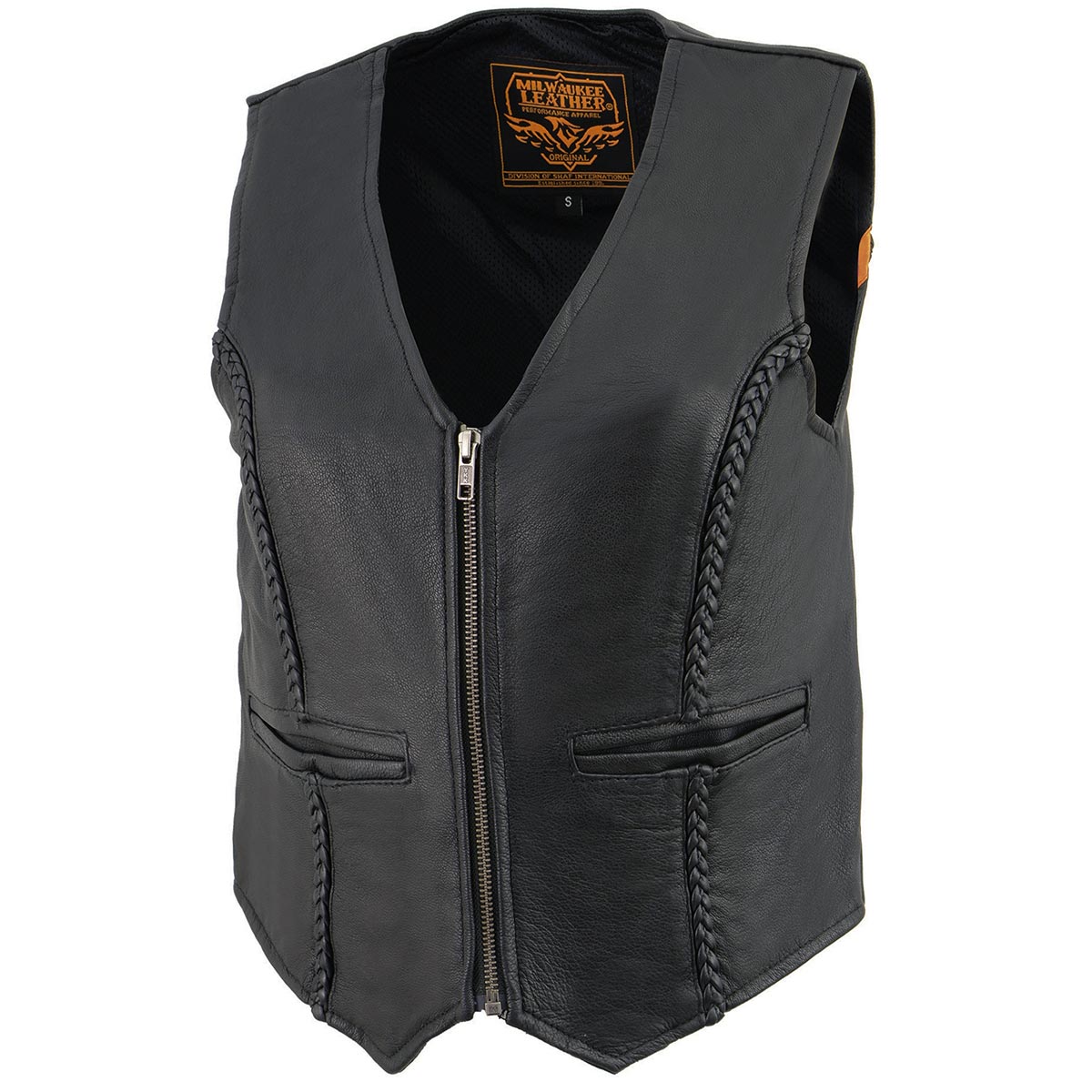 Milwaukee Leather MLL4550 Women's Black Premium Leather Classic Braided Deep V-Neck Motorcycle Rider Vest W/Front Zip