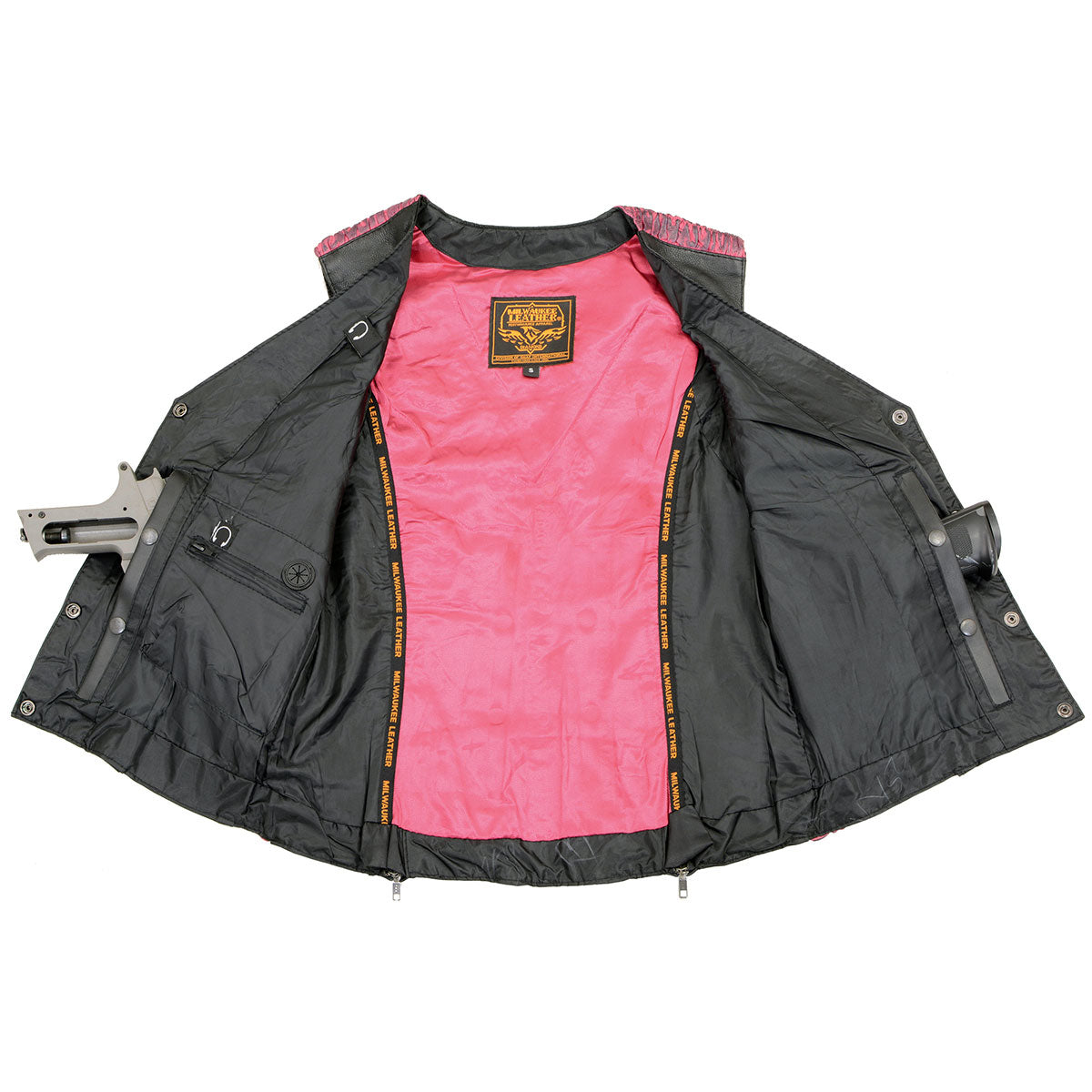 Milwaukee Leather MLL4570 Ladies Black and Fuchsia 'Studded Phoenix' Leather Vest