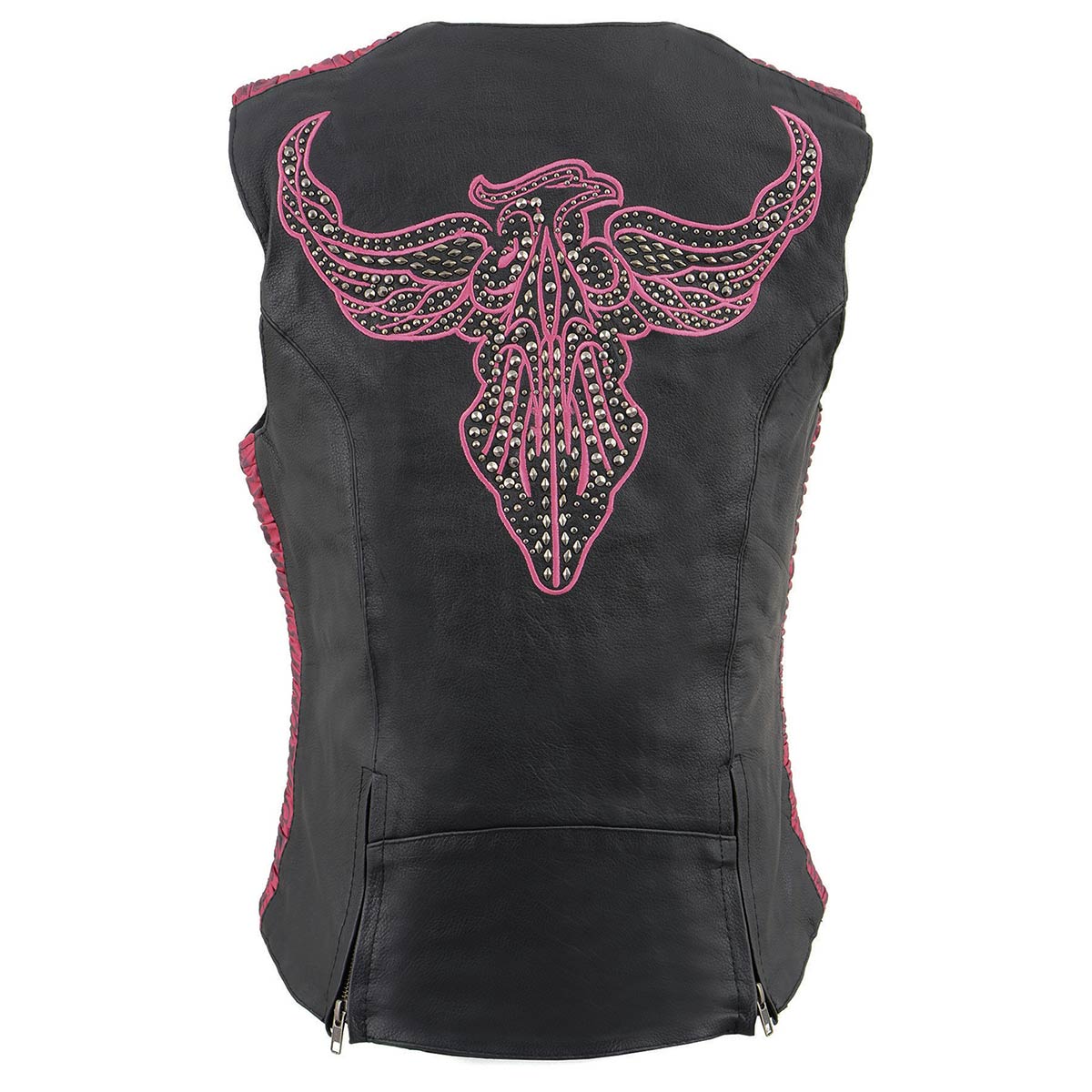 Milwaukee Leather MLL4570 Ladies Black and Fuchsia 'Studded Phoenix' Leather Vest