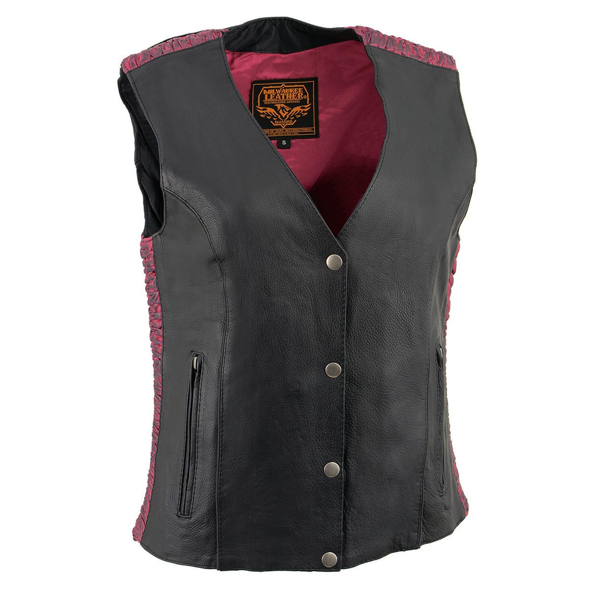 Milwaukee Leather MLL4570 Ladies Black and Fuchsia 'Studded Phoenix' Leather Vest