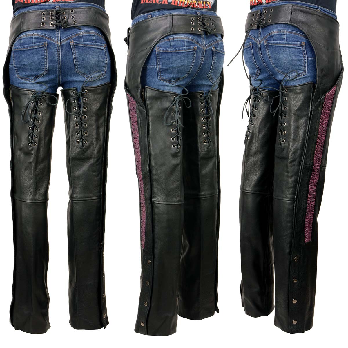 Milwaukee Leather Chaps for Women Black Naked Skin Purple Crinkled Stripes- Reflective Trim Motorcycle Chap MLL6500