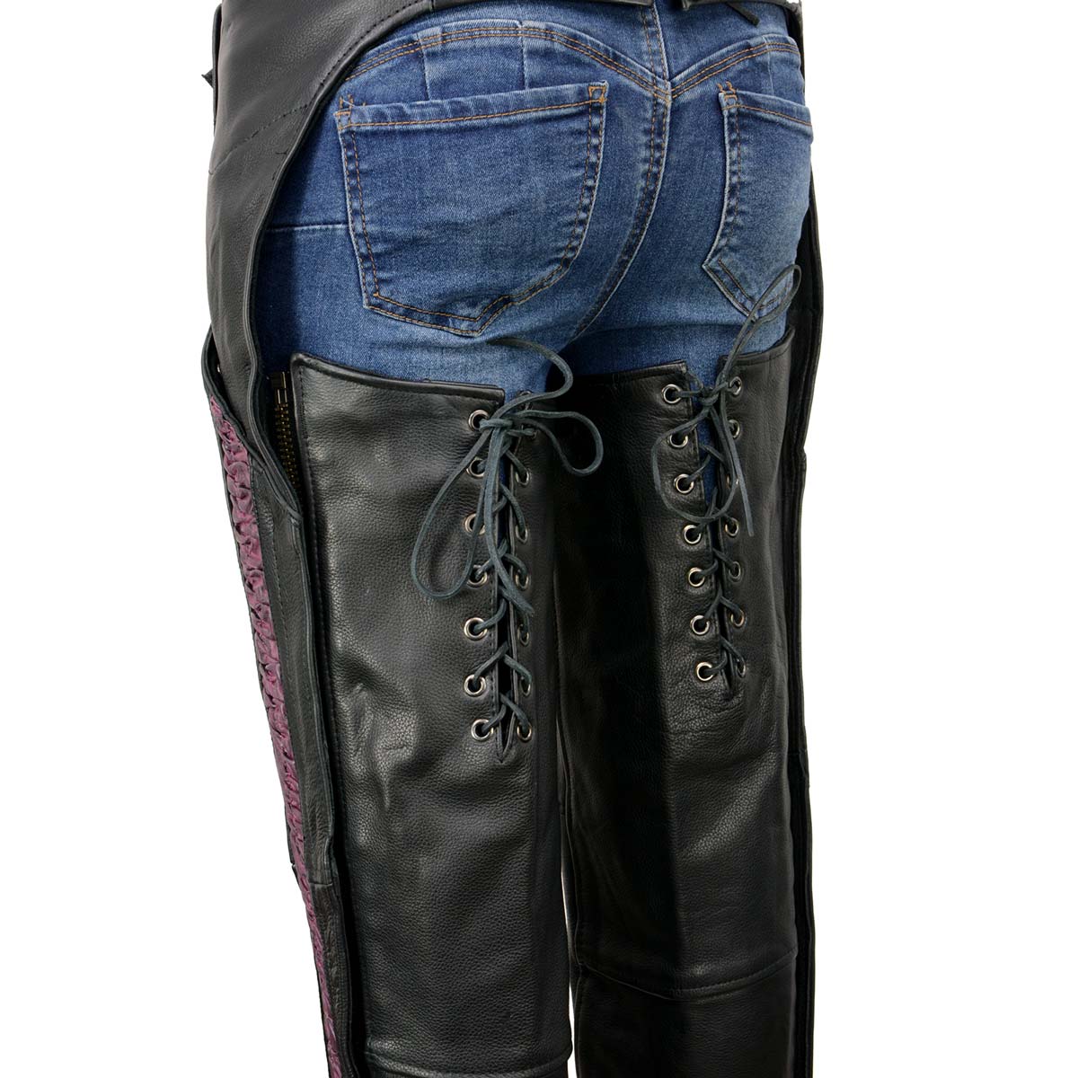 Milwaukee Leather Chaps for Women Black Naked Skin Purple Crinkled Stripes- Reflective Trim Motorcycle Chap MLL6500