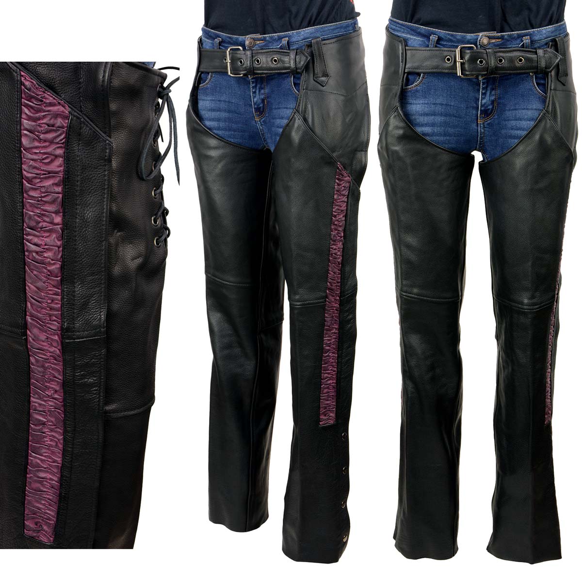 Milwaukee Leather MLL6500 Women's Leather Black and Purple Hip Set Chaps