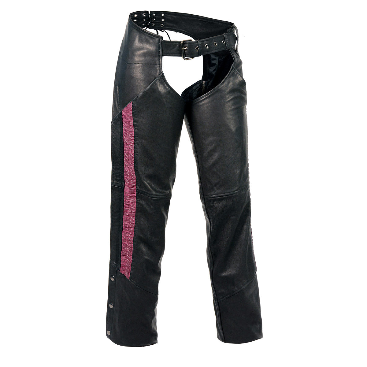 Milwaukee Leather Chaps for Women Black Naked Skin Fuchsia Crinkled Stripes Reflective Trim Motorcycle Chap MLL6500