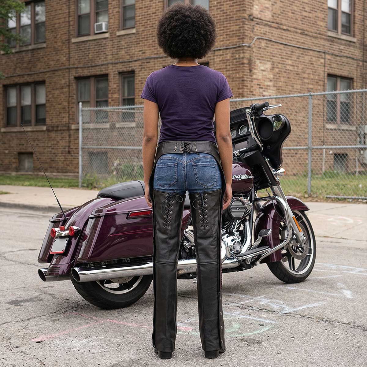 Milwaukee Leather Women's Black Premium Leather Motorcycle Rider Chaps w/ Purple Crinkled Stripes-Reflective Trim MLL6500