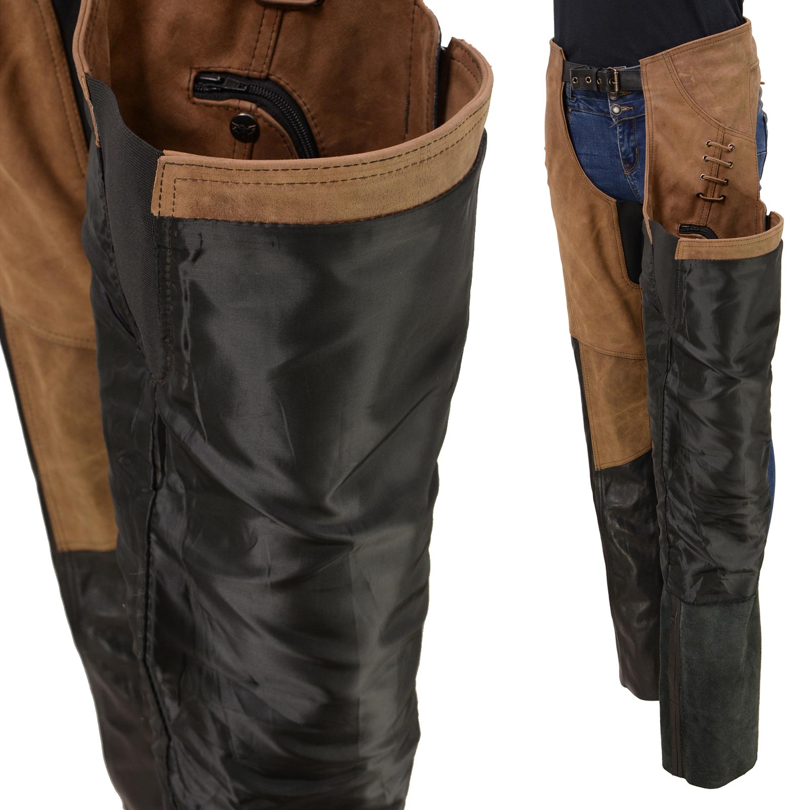 Milwaukee Leather MLL6504 Women's 2-Tone Beige with Black Motorcycle Leather Riding Chaps