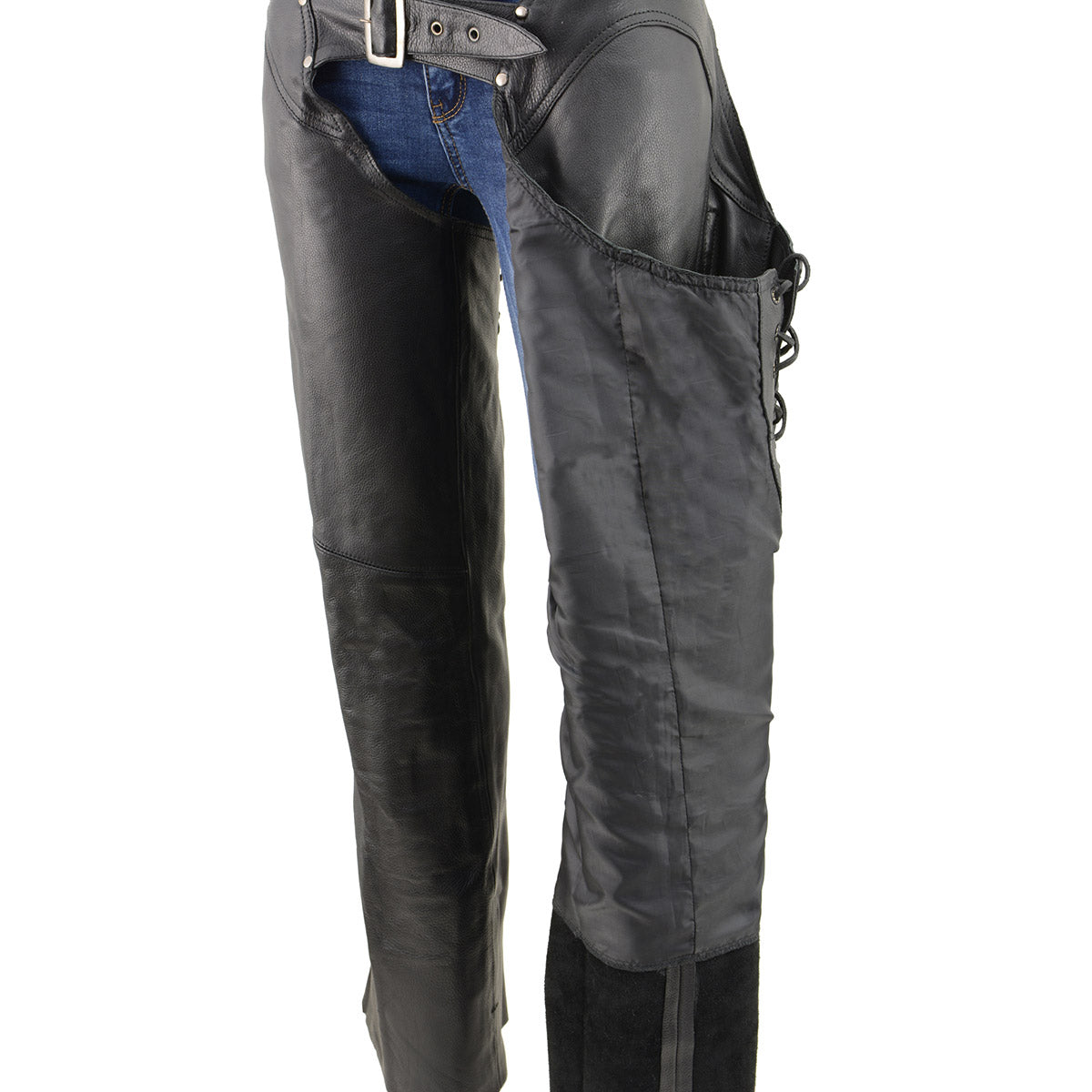 Milwaukee Leather Chaps for Women Black Naked Skin 4-Buckle Accent on Bottom Thigh Lace Motorcycle Chap - MLL6520